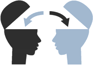You still don't have to learn secretly from others. Two folded open heads—once blue, once gray, vis-à-vis. A gray arrow into the folded open blue head. A blue arrow into the folded open gray head.