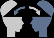 You still don't have to learn secretly from others. Two folded open heads—once blue, once gray, vis-à-vis. A gray arrow into the folded open blue head. A blue arrow into the folded open gray head.